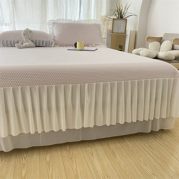 91家纺网 家纺一手货源 找家纺 2024新款抗菌凉豆豆提花床裙款凉席-花朵系列 冰豆豆花朵系列-床裙款 蜜桃粉