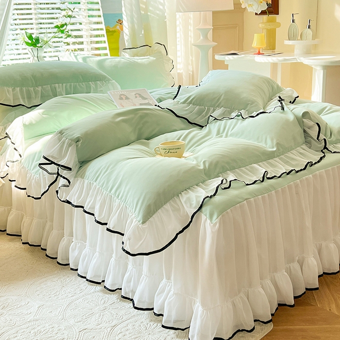 91家纺网 家纺一手货源 找家纺 唐人居 2025新款水洗棉麻亲肤蕾丝花边四件套 小确幸-水绿