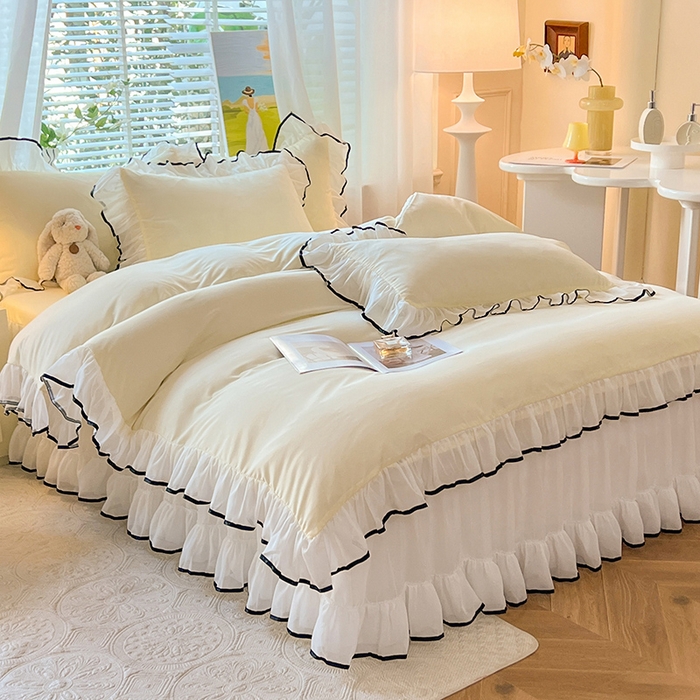 91家纺网 家纺一手货源 找家纺 唐人居 2025新款水洗棉麻亲肤蕾丝花边四件套 小确幸-奶白