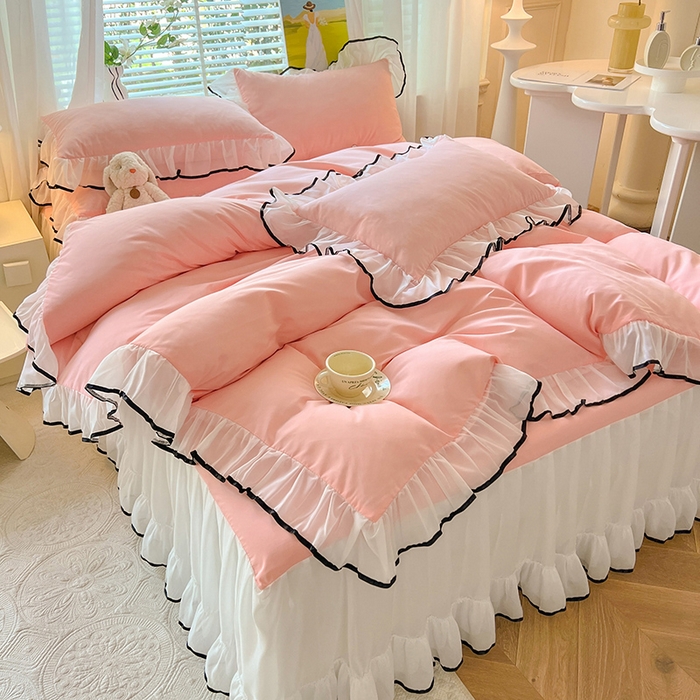 91家纺网 家纺一手货源 找家纺 唐人居 2025新款水洗棉麻亲肤蕾丝花边四件套 小确幸-浅粉