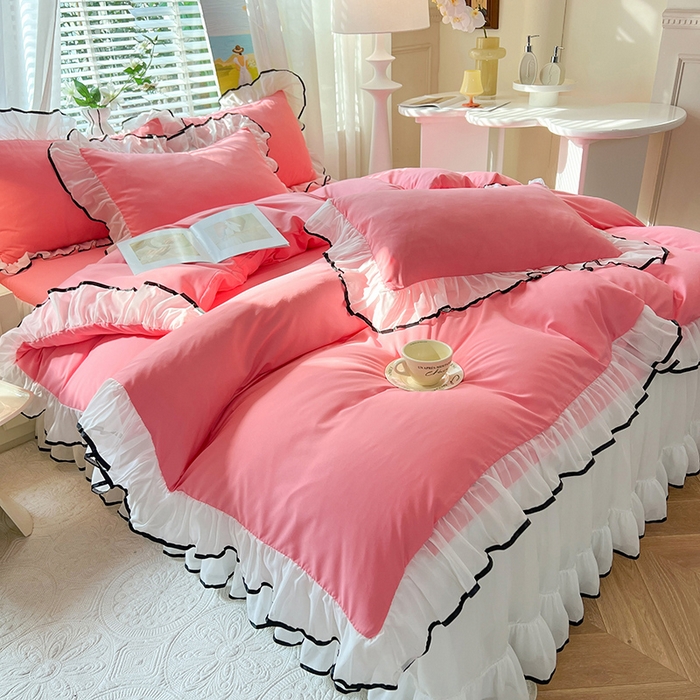 91家纺网 家纺一手货源 找家纺 唐人居 2025新款水洗棉麻亲肤蕾丝花边四件套 小确幸-红玉