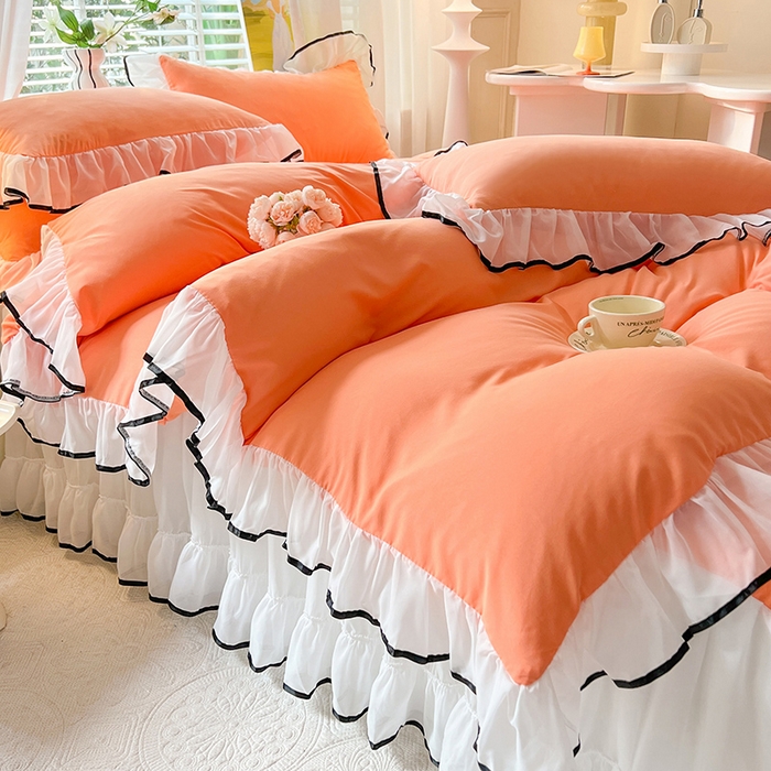 91家纺网 家纺一手货源 找家纺 唐人居 2025新款水洗棉麻亲肤蕾丝花边四件套 小确幸-橘橙