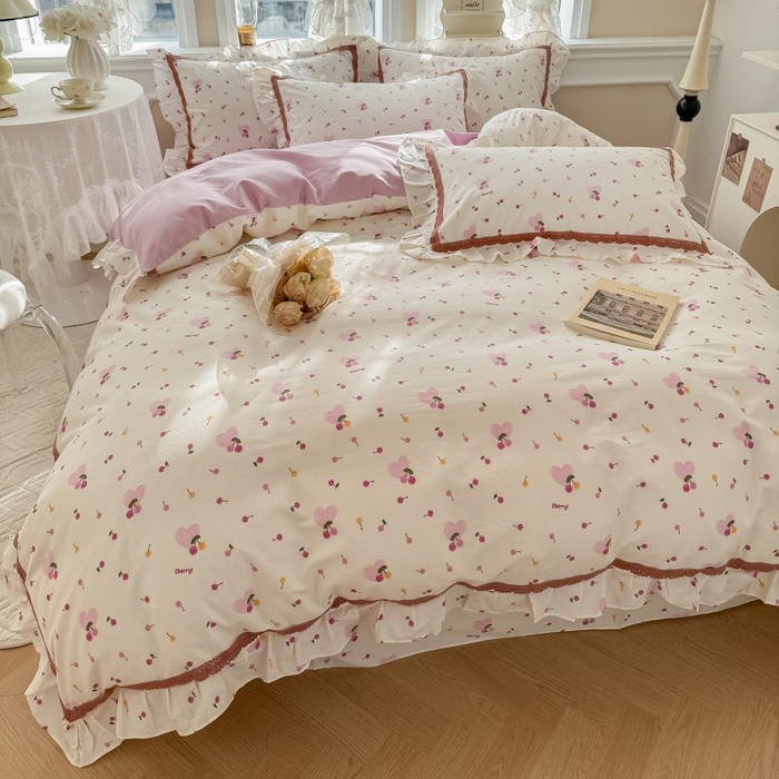 91家纺网 家纺一手货源 找家纺 眠屿家纺 2024新款全棉40支13372花边四件套 樱果爱心