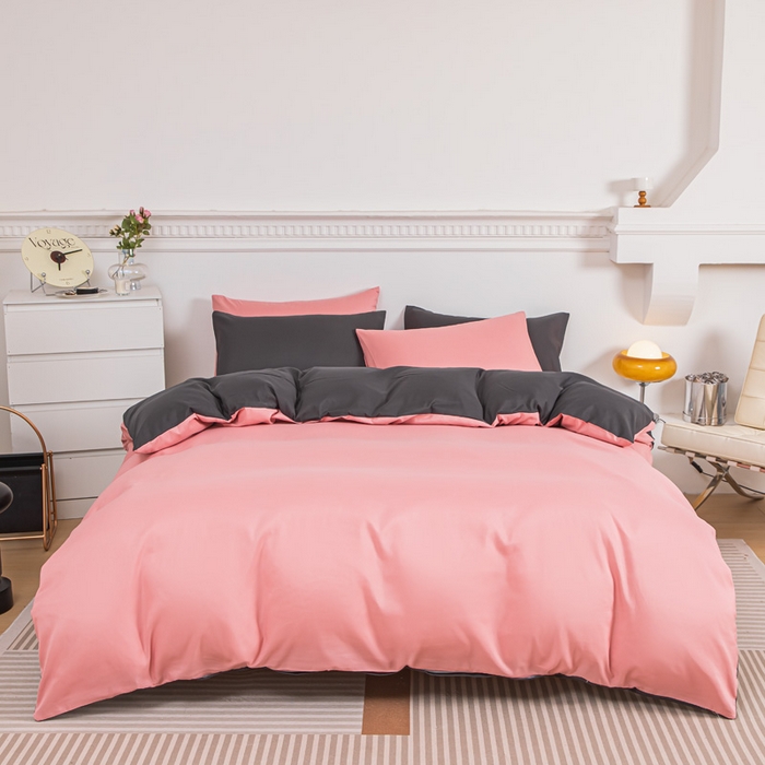 91家纺网 家纺一手货源 找家纺 莎臣豹 2025新款水洗棉磨毛纯色双拼简约风撞色四件套 甜豆沙爱上高雅灰