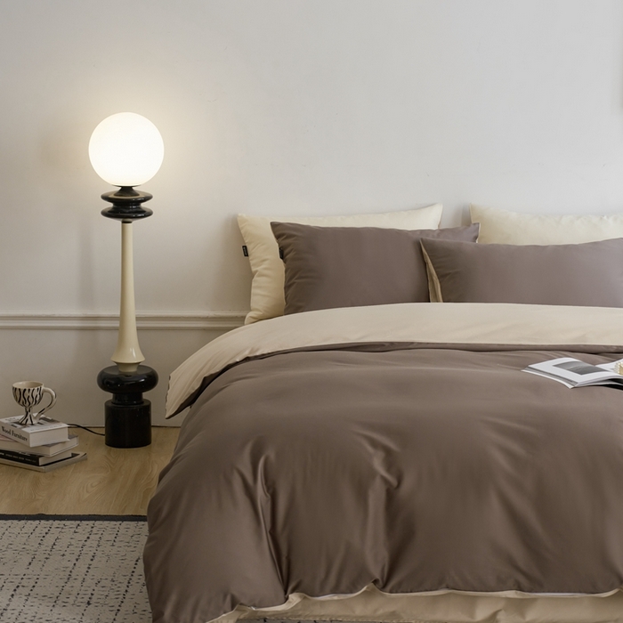 91家纺网 家纺一手货源 找家纺 安莱生活 2024新款100s长绒棉贡缎双拼四件套 咖啡-棕灰