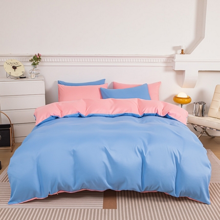 莎臣豹 2025新款水洗棉磨毛纯色双拼简约风撞色四件套 天空蓝爱上公主粉