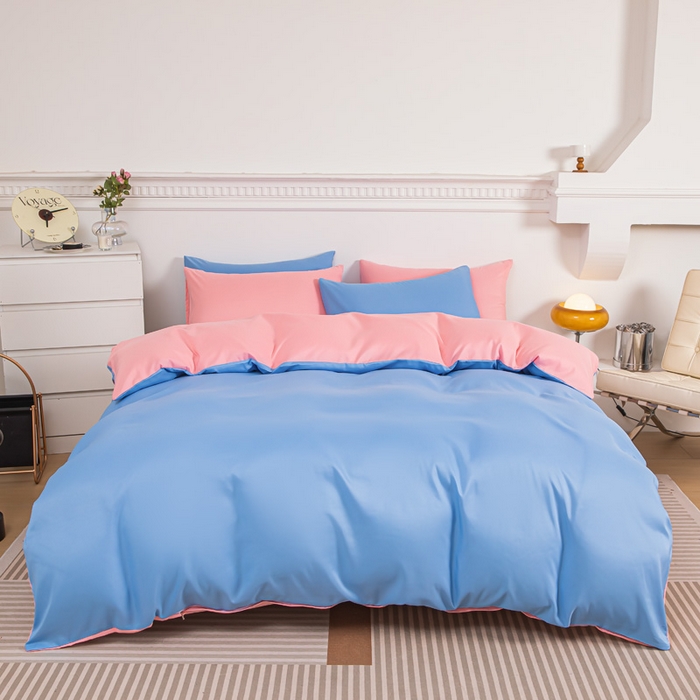 91家纺网 家纺一手货源 找家纺 莎臣豹 2025新款水洗棉磨毛纯色双拼简约风撞色四件套 天空蓝爱上公主粉