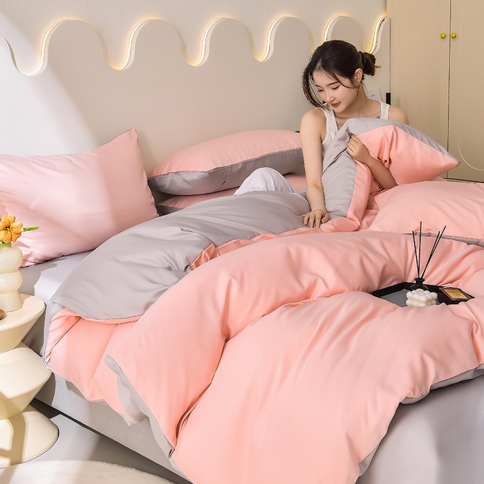 91家纺网 家纺一手货源 找家纺 简爱家纺 2025新款水洗真丝四件套 戴妃粉+雅致灰