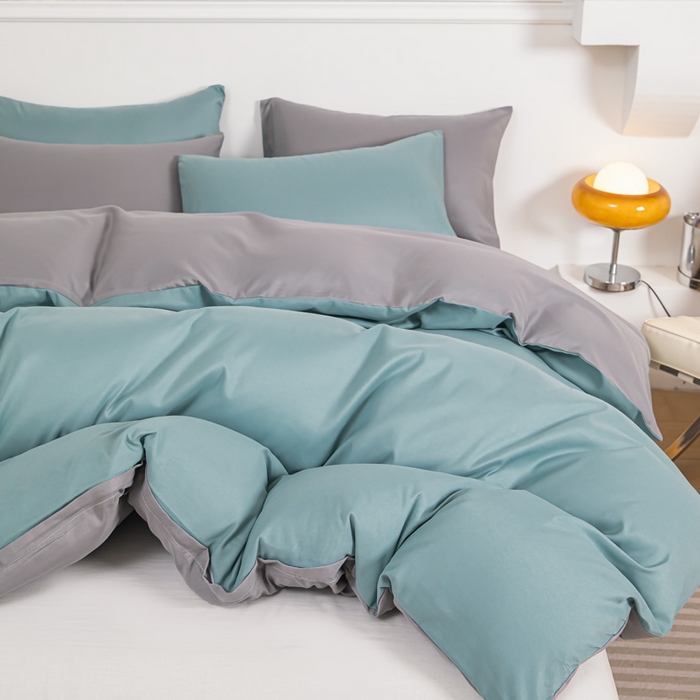 91家纺网 家纺一手货源 找家纺 莎臣豹 2025新款水洗棉磨毛纯色双拼简约风撞色四件套 豆绿爱上浅灰