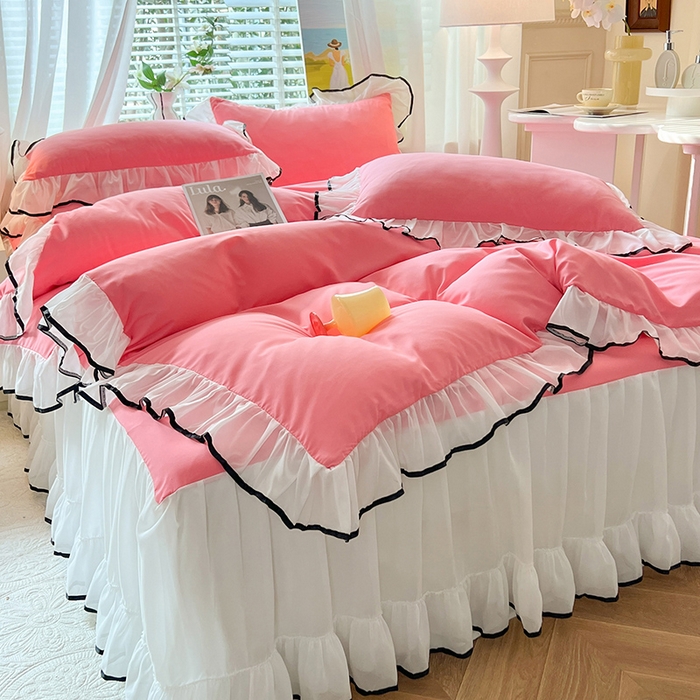 91家纺网 家纺一手货源 找家纺 唐人居 2025新款水洗棉麻亲肤蕾丝花边四件套 小确幸-红玉