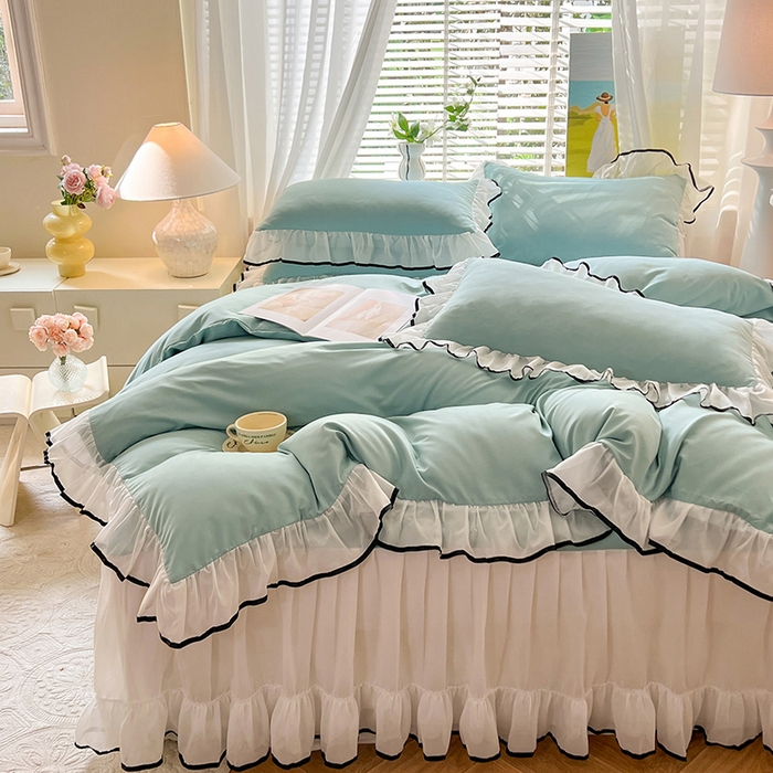 91家纺网 家纺一手货源 找家纺 唐人居 2025新款水洗棉麻亲肤蕾丝花边四件套 小确幸-水兰