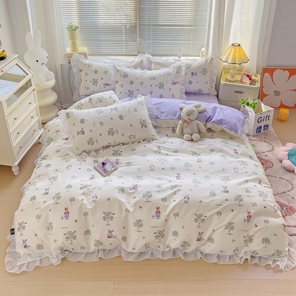 91家纺网 家纺一手货源 找家纺 （总）乐童家纺 2024新款13372全棉雪纺花边四件套直播热款