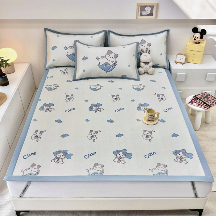 91家纺网 家纺一手货源 找家纺 全季家居 2024新款5A抗菌小清新数码印花冰藤席 贪吃小猫（床席款）