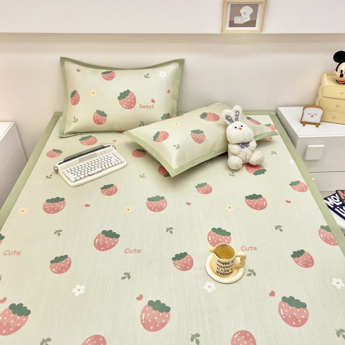 91家纺网 家纺一手货源 找家纺 全季家居 2024新款5A抗菌小清新数码印花冰藤席 草莓（床席款）