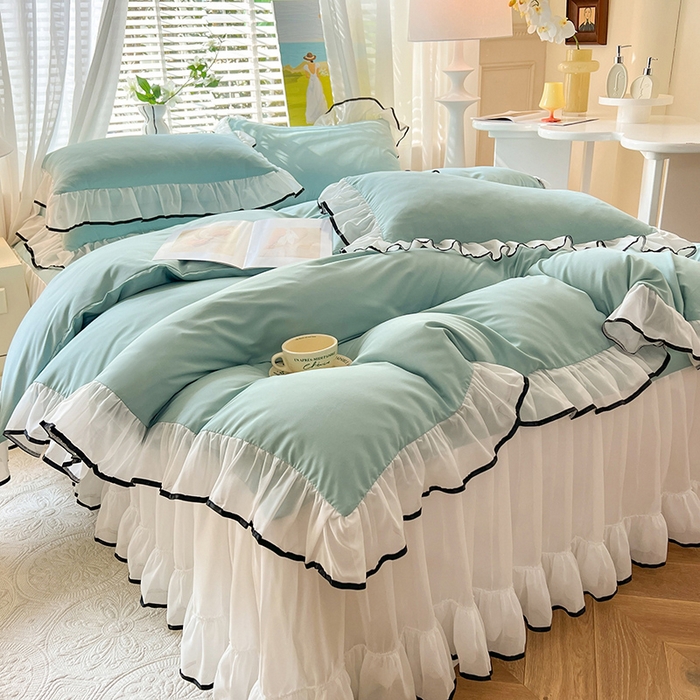 91家纺网 家纺一手货源 找家纺 唐人居 2025新款水洗棉麻亲肤蕾丝花边四件套 小确幸-水兰