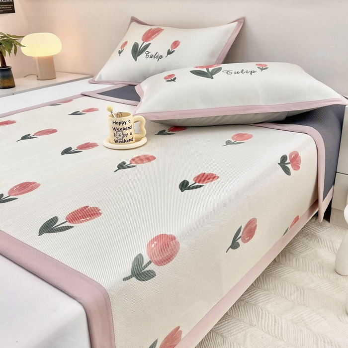 91家纺网 家纺一手货源 找家纺 全季家居 2024新款5A抗菌小清新数码印花冰藤席 郁金香（床席款）