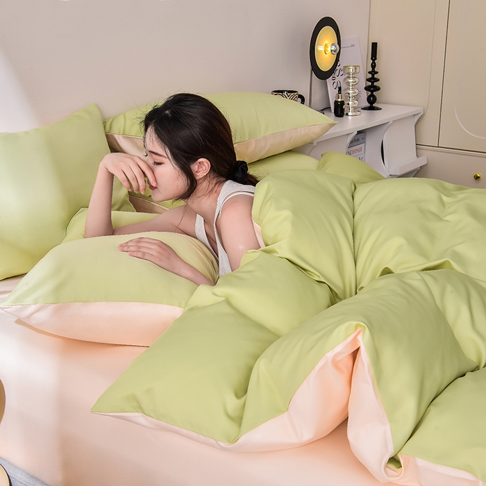 91家纺网 家纺一手货源 找家纺 简爱家纺 2025新款水洗真丝四件套 仙草绿+暖杏色