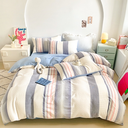 莱茵家居 2024新款大提花华夫格水洗棉印花四件套 水洗提花-秋思蓝