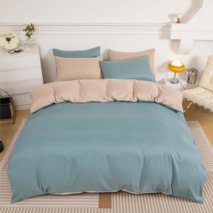 91家纺网 家纺一手货源 找家纺 莎臣豹 2025新款水洗棉磨毛纯色双拼简约风撞色四件套 豆绿爱上卡其