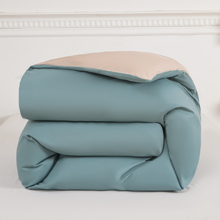 91家纺网 家纺一手货源 找家纺 莎臣豹 2025新款水洗棉磨毛纯色双拼简约风撞色四件套 豆绿爱上卡其