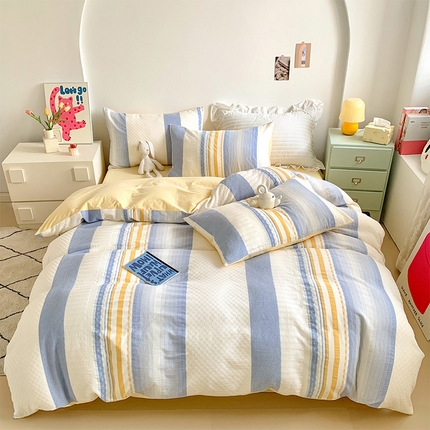 莱茵家居 2024新款大提花华夫格水洗棉印花四件套 水洗提花-柠檬黄