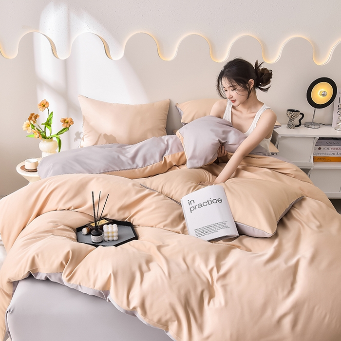 91家纺网 家纺一手货源 找家纺 简爱家纺 2025新款水洗真丝四件套 奶茶咖+雅致灰