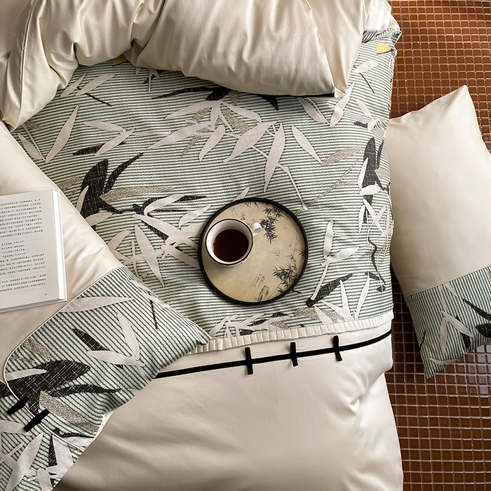 91家纺网 家纺一手货源 找家纺 赫帛 2024新款50s缎纹数码印花长绒棉四件套--竹韵系列 竹韵-绿色