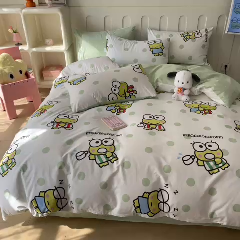 91家纺网 家纺一手货源 找家纺 博雅 2024新款全棉三丽鸥AB版活性印花四件套 波点大眼蛙