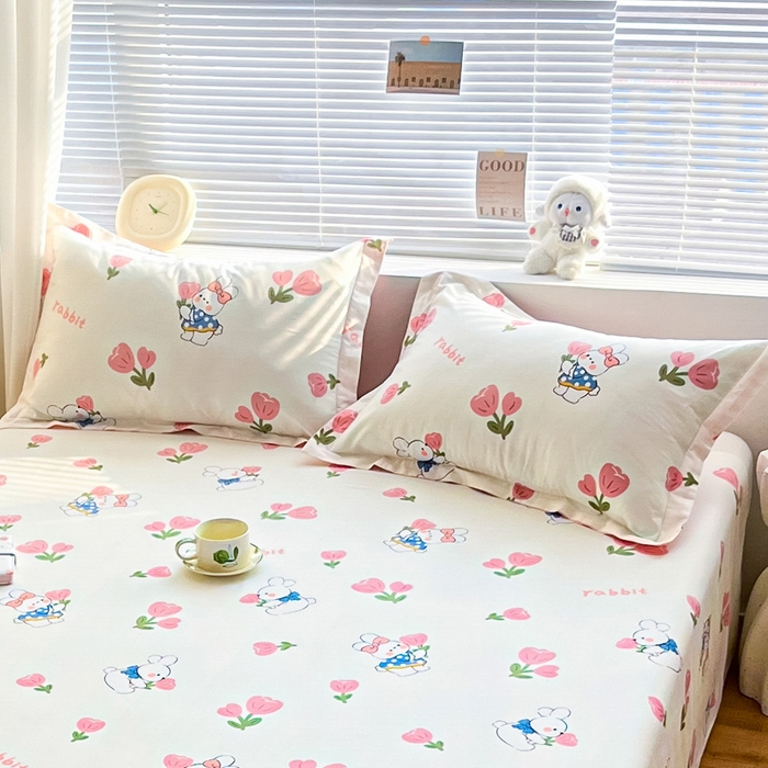 91家纺网 家纺一手货源 找家纺 涵宸家纺 2024新款全棉小清新印花单品套件--单枕套 枕套-花丛兔