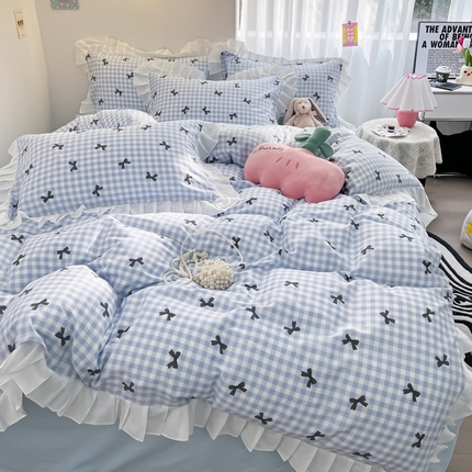 91家纺网 家纺一手货源 找家纺 （总）暮思家居 2024新款A类全棉水洗棉蝴蝶结少女系列花边款纯棉四件套