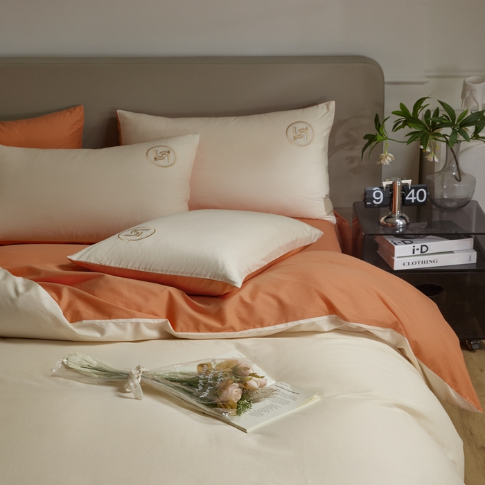 91家纺网 家纺一手货源 找家纺 梵克保罗 2024新款全棉轻奢纯色双拼刺绣四件套 米黄橙