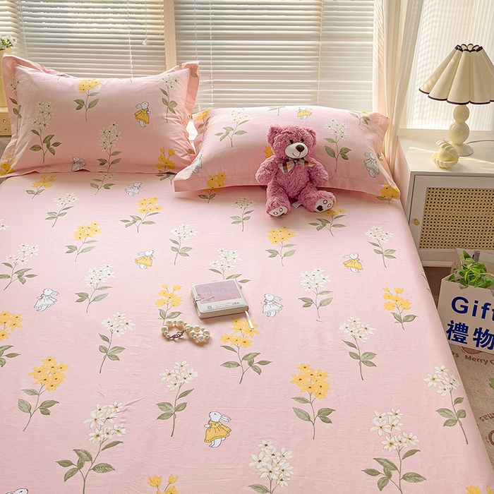 91家纺网 家纺一手货源 找家纺 大柏树 2025新款全棉13376印花四件套系列（可定制）-单床单 小花兔-粉