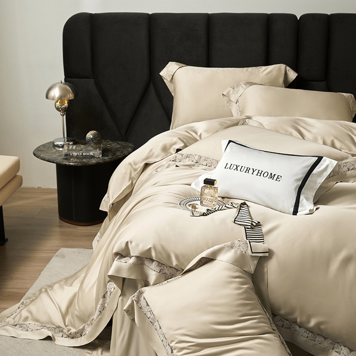 91家纺网 家纺一手货源 找家纺 榻尚家居 2024新款天丝棉法式镂空工艺款四件套--云绡（会员减20） 金芥色