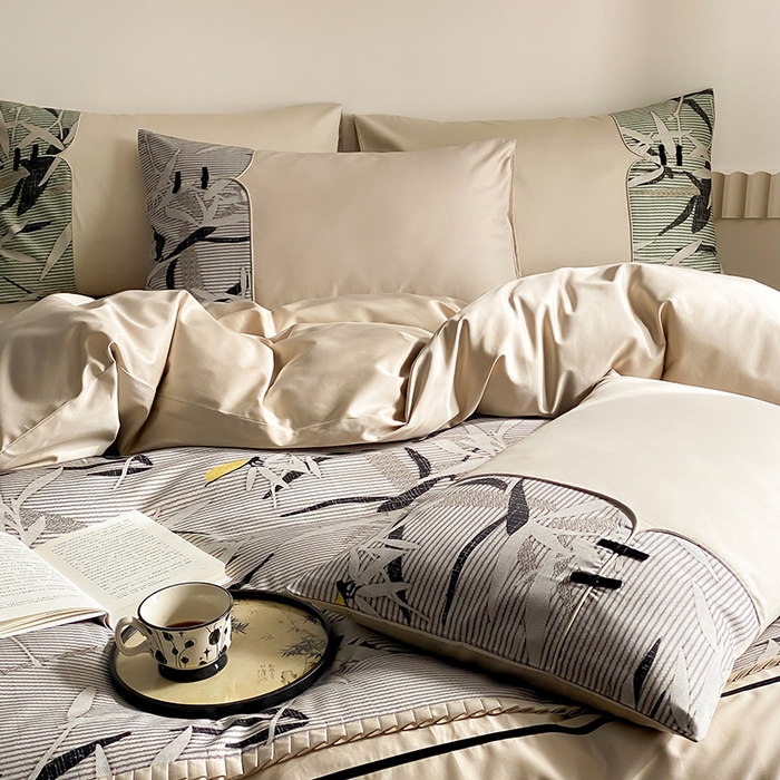 91家纺网 家纺一手货源 找家纺 （总）赫帛 2024新款50s缎纹数码印花长绒棉四件套--竹韵系列