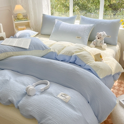 91家纺网 家纺一手货源 找家纺 优选良品 2025新款韩版轻奢皱皱纱水洗棉拼色床单床笠四件套三件套-天空蓝