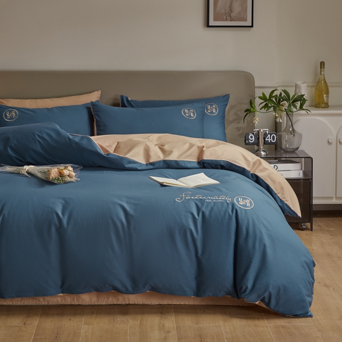 91家纺网 家纺一手货源 找家纺 梵克保罗 2024新款全棉轻奢纯色双拼刺绣四件套 深蓝色