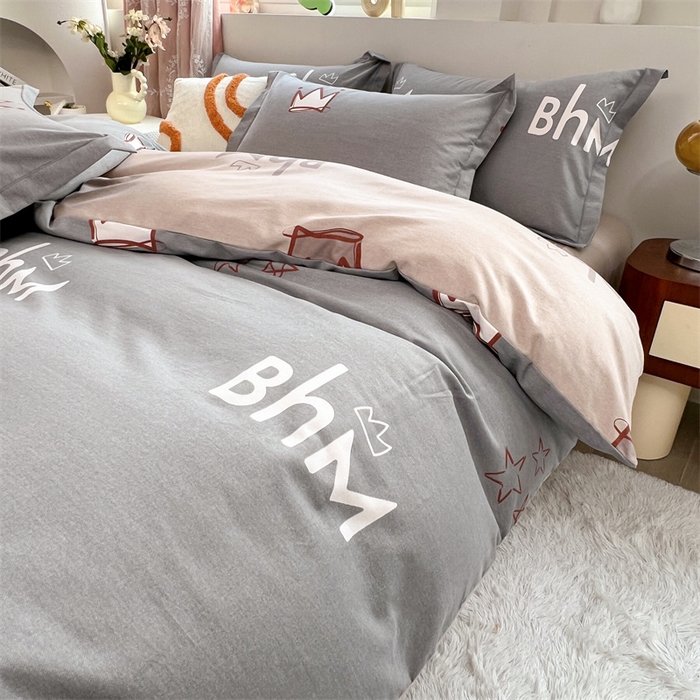 91家纺网 家纺一手货源 找家纺 简约 2025新款全棉四件套活性生态磨毛四件套 小皇冠-米灰