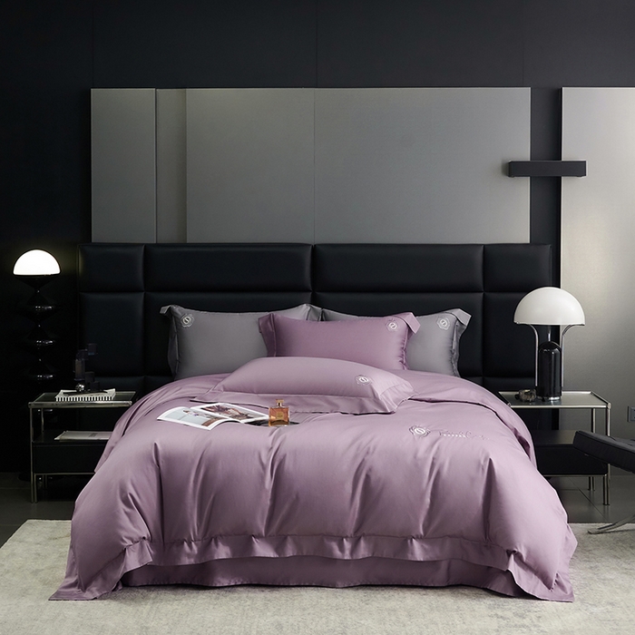 91家纺网 家纺一手货源 找家纺 榻尚家居 2024新款80S长绒棉纯色绣花系列四件套--静谧系列 静谧-紫