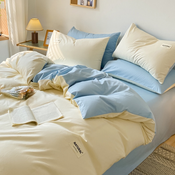 91家纺网 家纺一手货源 找家纺 芊寻家居 2024新款13372全棉纯色四件套无印良品风简约套件 奶白-海青