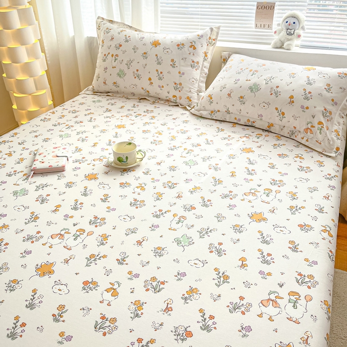 91家纺网 家纺一手货源 找家纺 涵宸家纺 2024新款全棉小清新印花单品套件--单床单 床单-开心鸭