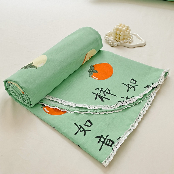 91家纺网 家纺一手货源 找家纺 梵克保罗 2024新款鱼骨棉老粗布凉席花边款床单三件套 柿柿如意-绿