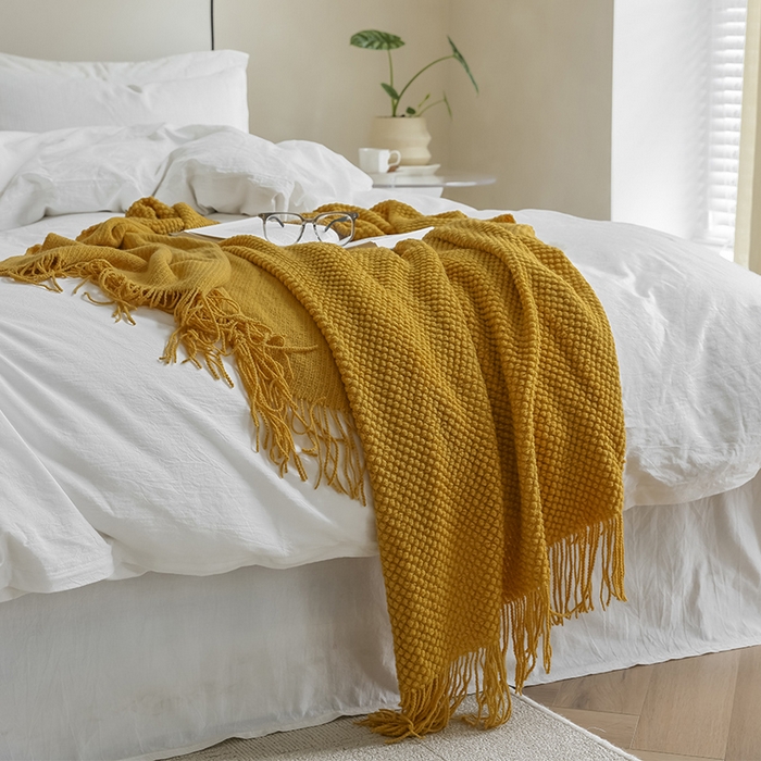 91家纺网 家纺一手货源 找家纺 朴尔家纺-毛巾被 2024年新款波波风流苏柔糯毯床尾毯沙发巾 波波流苏柔糯毯-姜黄