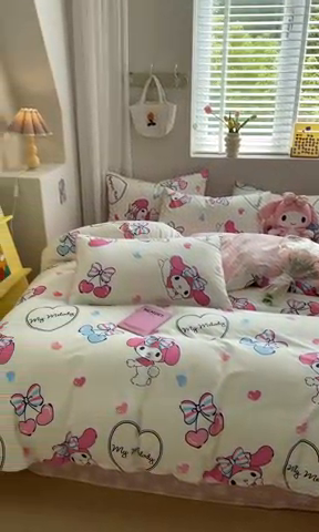 91家纺网 家纺一手货源 找家纺 博雅 2024新款全棉三丽鸥AB版活性印花四件套 樱桃美乐蒂