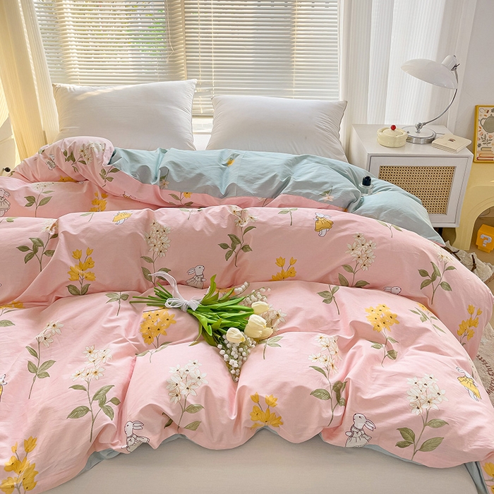 91家纺网 家纺一手货源 找家纺 大柏树 2025新款全棉13376印花四件套系列（可定制）-单被套 小花兔-粉