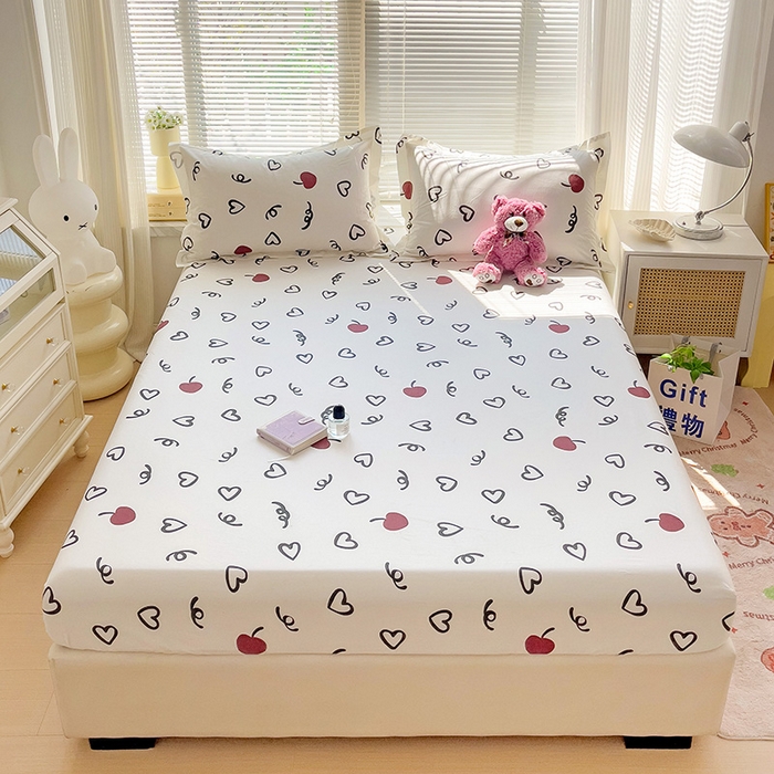 91家纺网 家纺一手货源 找家纺 大柏树 2025新款全棉13376印花四件套系列（可定制）-单床笠 比心-红