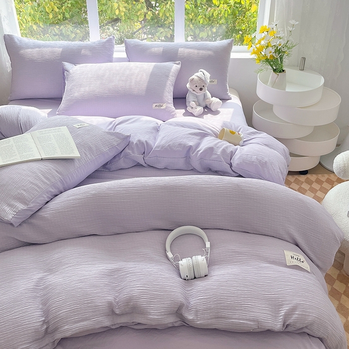 91家纺网 家纺一手货源 找家纺 优选良品 2025新款韩版轻奢皱皱纱水洗棉拼色床单床笠四件套三件套-芋泥紫