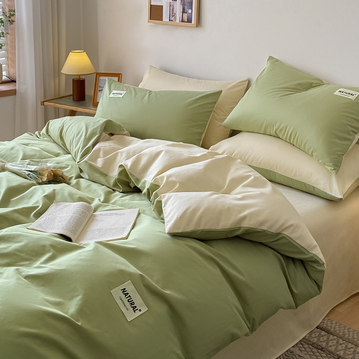 91家纺网 家纺一手货源 找家纺 芊寻家居 2024新款13372全棉纯色四件套无印良品风简约套件 果绿-奶茶
