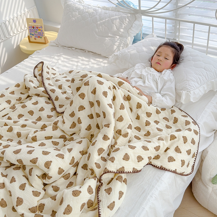 91家纺网 家纺一手货源 找家纺 芯恋 2025新款母婴级全棉皱皱纱儿童被双层纱夏被 可爱熊