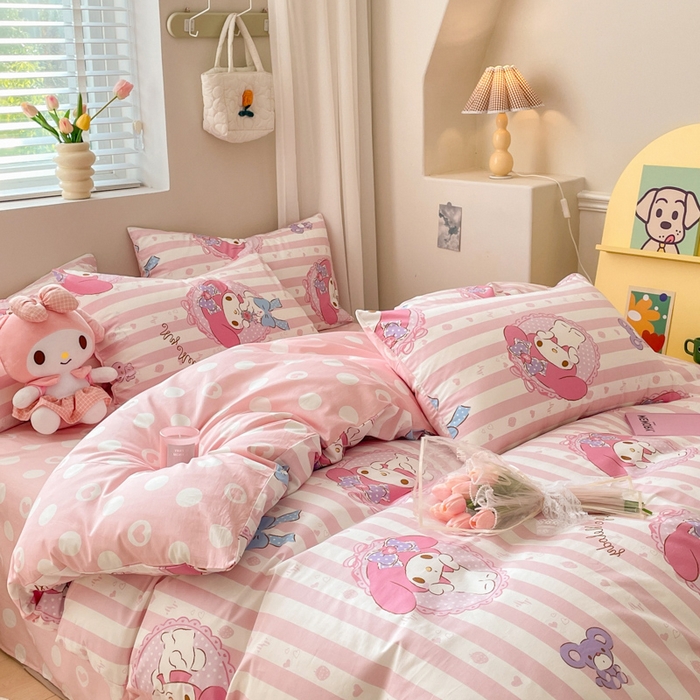 91家纺网 家纺一手货源 找家纺 博雅 2024新款全棉三丽鸥AB版活性印花四件套 甜甜美乐蒂