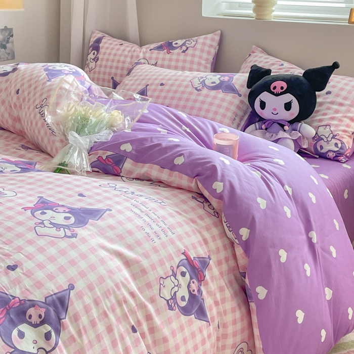 91家纺网 家纺一手货源 找家纺 博雅 2024新款全棉三丽鸥AB版活性印花四件套 库洛米之心